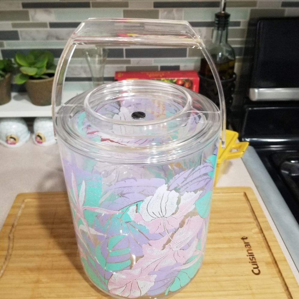 Vintage MCM Culver Clear Lucite Acrylic Tropical Floral‎ Design Ice Bucket 3pc